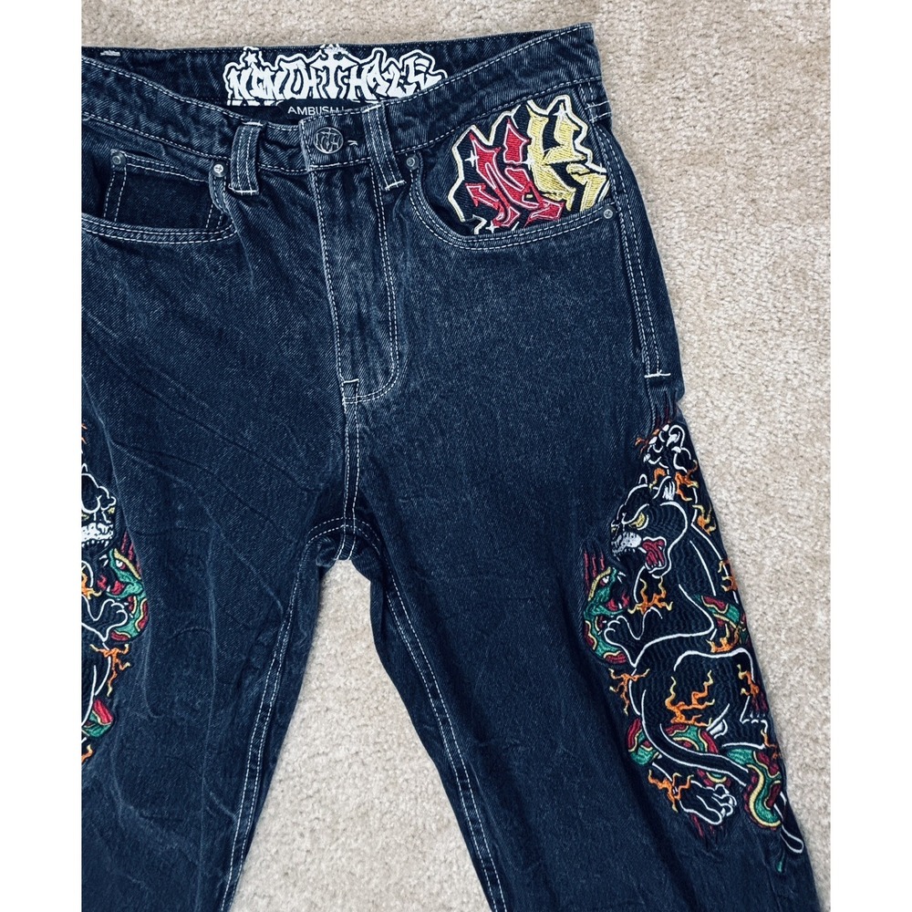 Ninth Hall Ambush Panther Black Wash Loose Fit Graphic Jeans 28 Mens